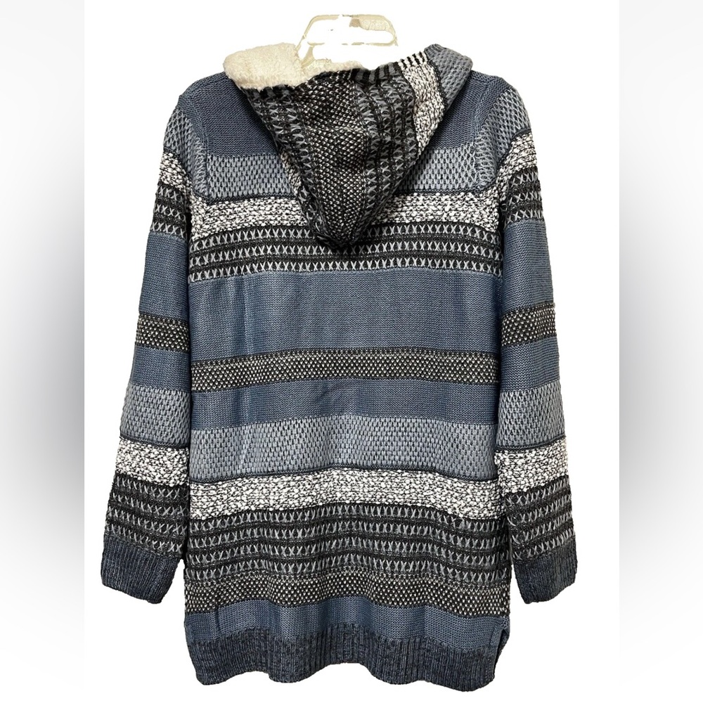 Lety & Me Women's Zola Sherpa Trimmed Striped Hooded Cardigan Sweater - Picture 3 of 5